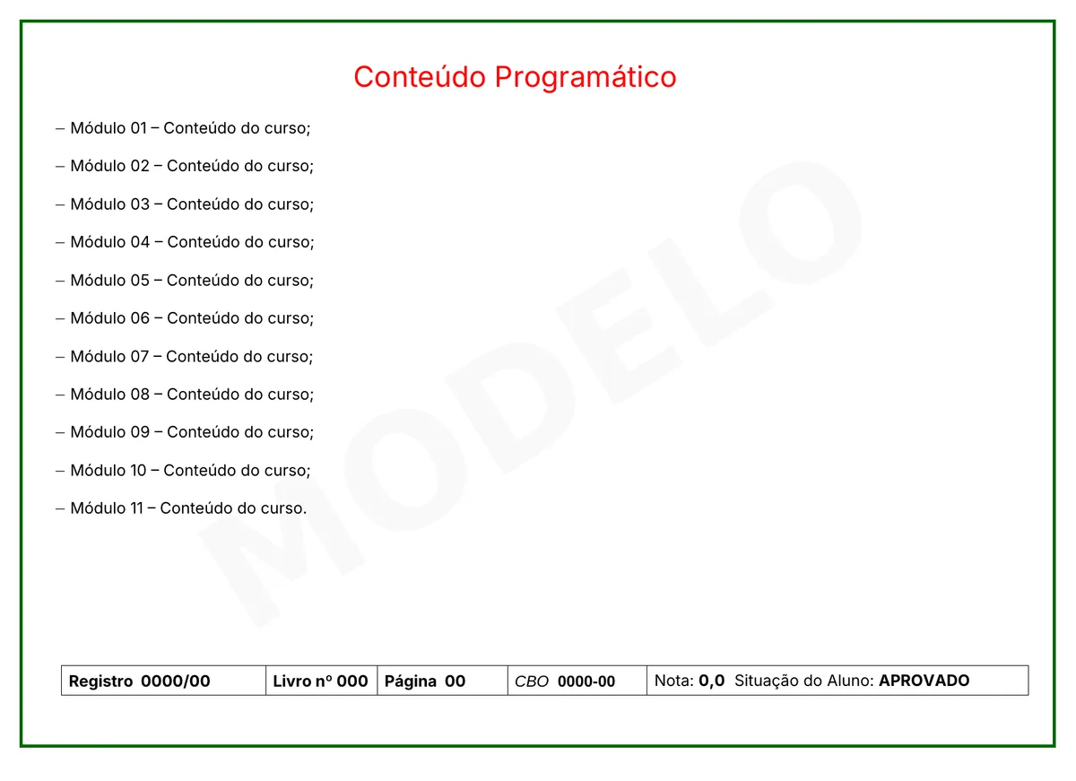 Modelo do certificado do IBQP, verso com o conteúdo programático